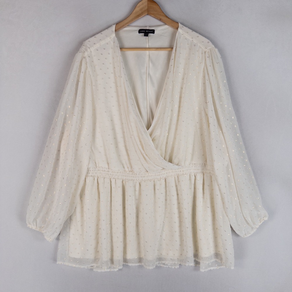 Lane Bryant Womens Top Blouse 26/28P 4XP Ivory Gold Clip Dot Wrap Peplum Holiday